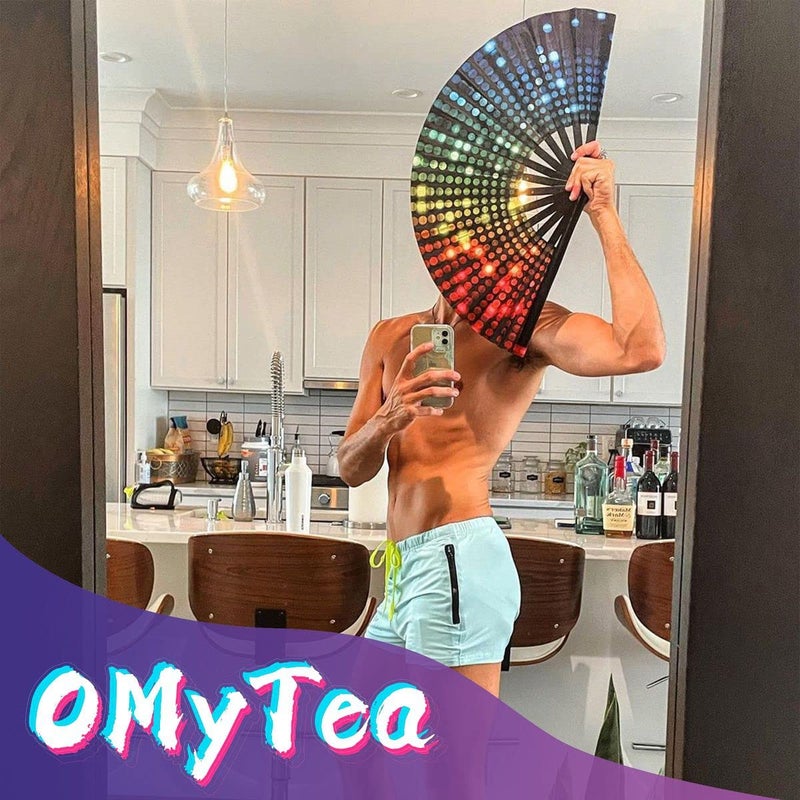 OMyTea Large Rave Clack Popping Fan for Line Dancing - Boots on The Ground Folding Hand Fan - for EDM, Music Festival, Hot Flashes, Party, Decoration (Disco Lights Dots) - Image 2